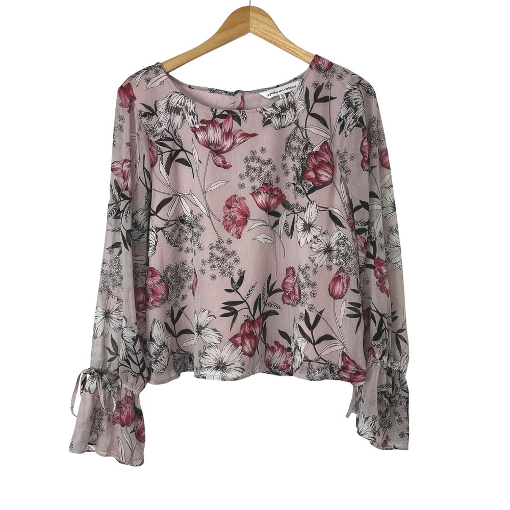 Cupcakes and Cashmere Top Womens Medium Pink Black Floral Print Tie Bell Sleeve